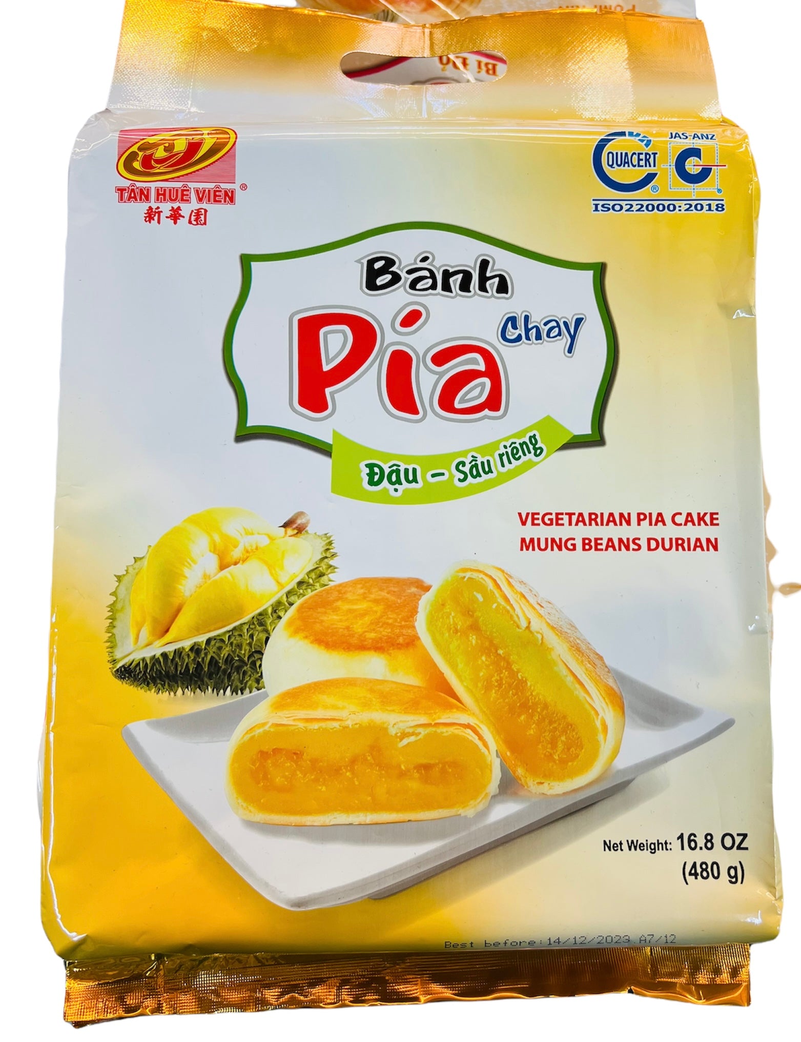 Pia cake - Mung Bean Durian - Bánh Pía đậu xanh sầu riêng (chay) 480g Tan Hue Vien